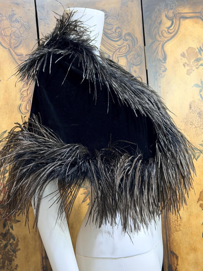 1980s Vintage Ostrich Feather Cape Shawl, Black velvet evening shoulder wrap