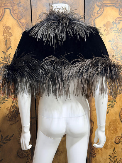 1980s Vintage Ostrich Feather Cape Shawl, Black velvet evening shoulder wrap