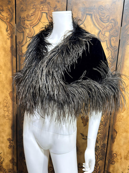 1980s Vintage Ostrich Feather Cape Shawl, Black velvet evening shoulder wrap