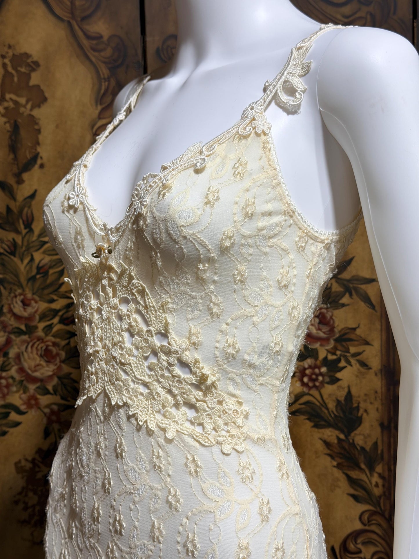 CLAIRE PETTIBONE, Y2K vintage nightgown slip dress, creamy white lace bridal wedding night gown