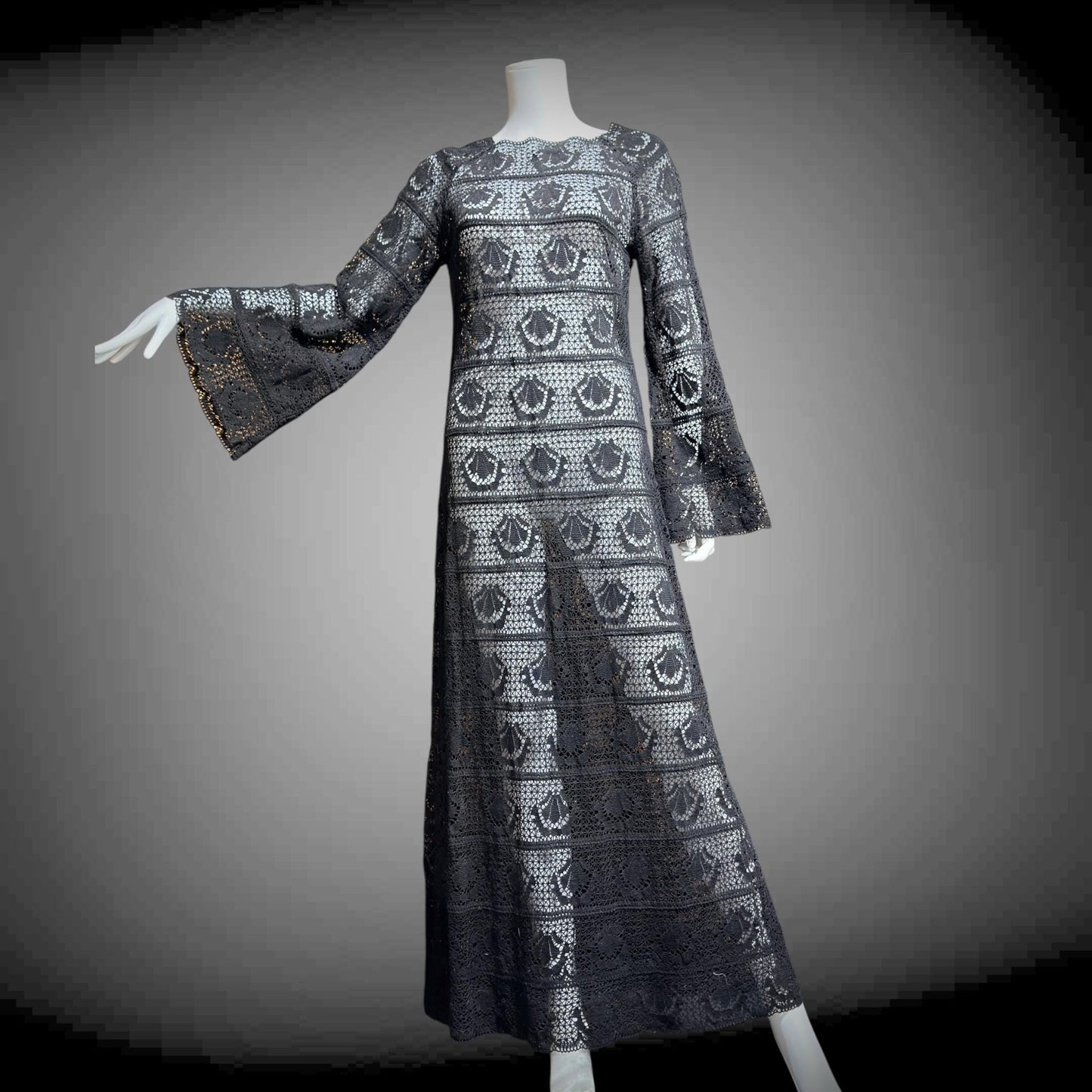 1970s vintage crochet dress, Black Cotton See Through Maxi dress