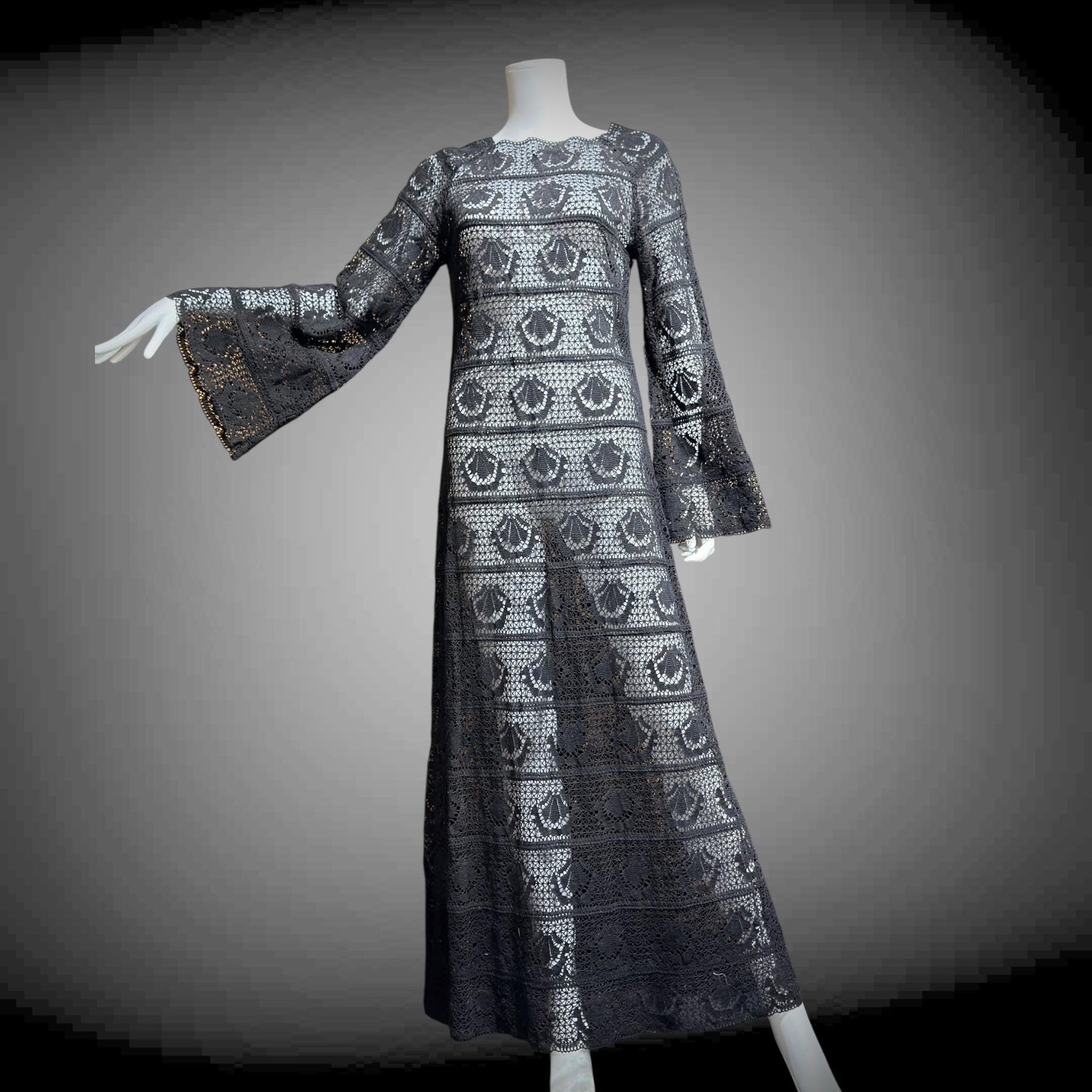 1970s vintage crochet dress, Black Cotton See Through Maxi dress