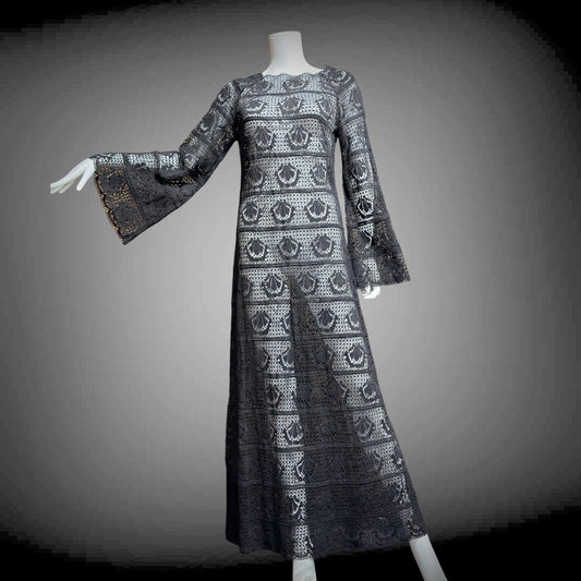 1970s vintage crochet dress, Black Cotton See Through Maxi dress