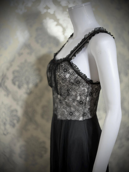 YOLANDE Vintage 1950s Nightgown Slip dress, Black Nylon lingerie dress