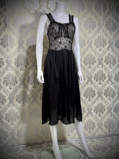YOLANDE Vintage 1950s Nightgown Slip dress, Black Nylon lingerie dress