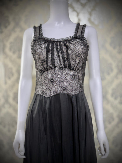 YOLANDE Vintage 1950s Nightgown Slip dress, Black Nylon lingerie dress