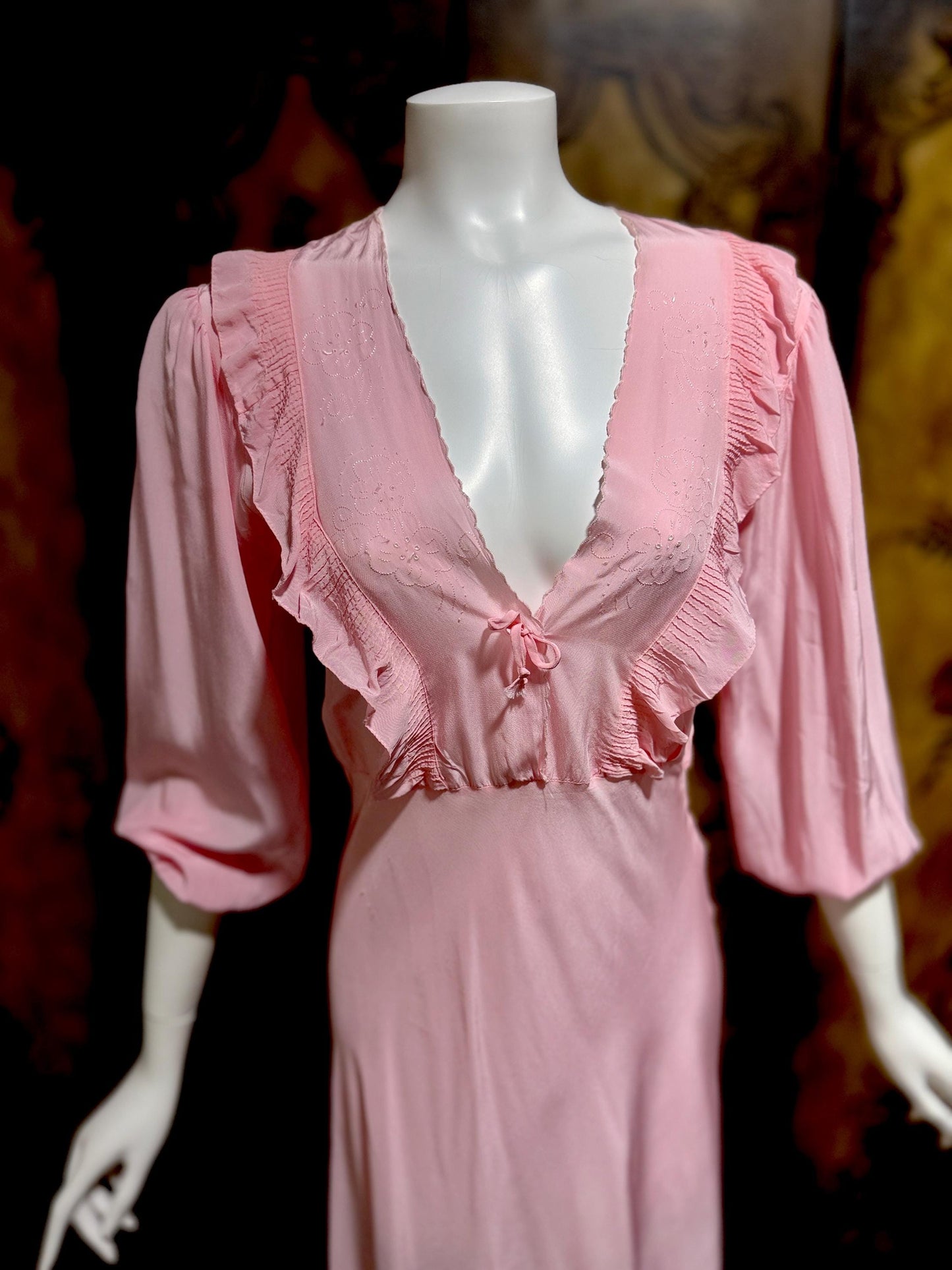 1940s Vintage Nightgown Lingerie Dress, Pink bias cut rayon House dress