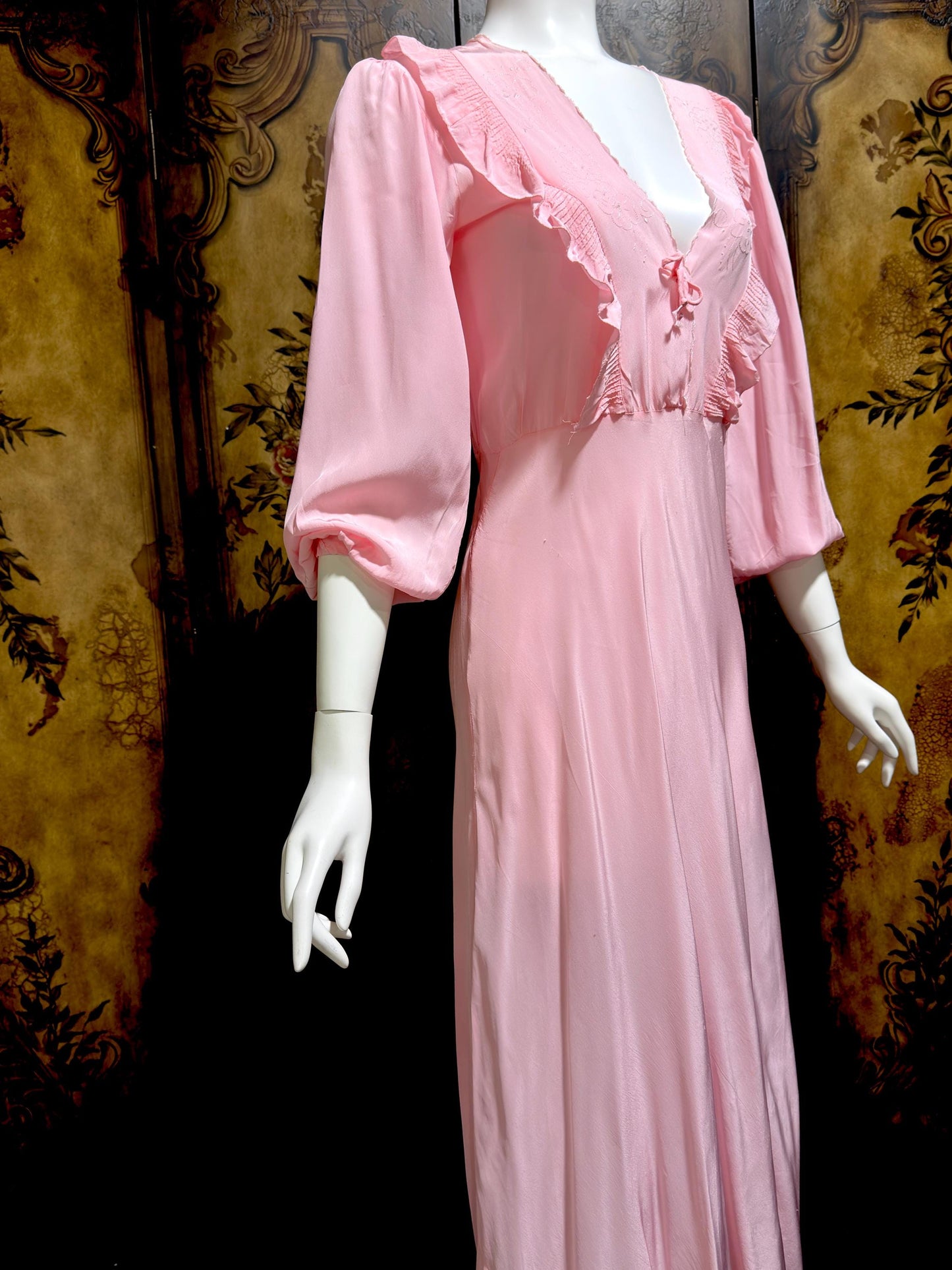 1940s Vintage Nightgown Lingerie Dress, Pink bias cut rayon House dress