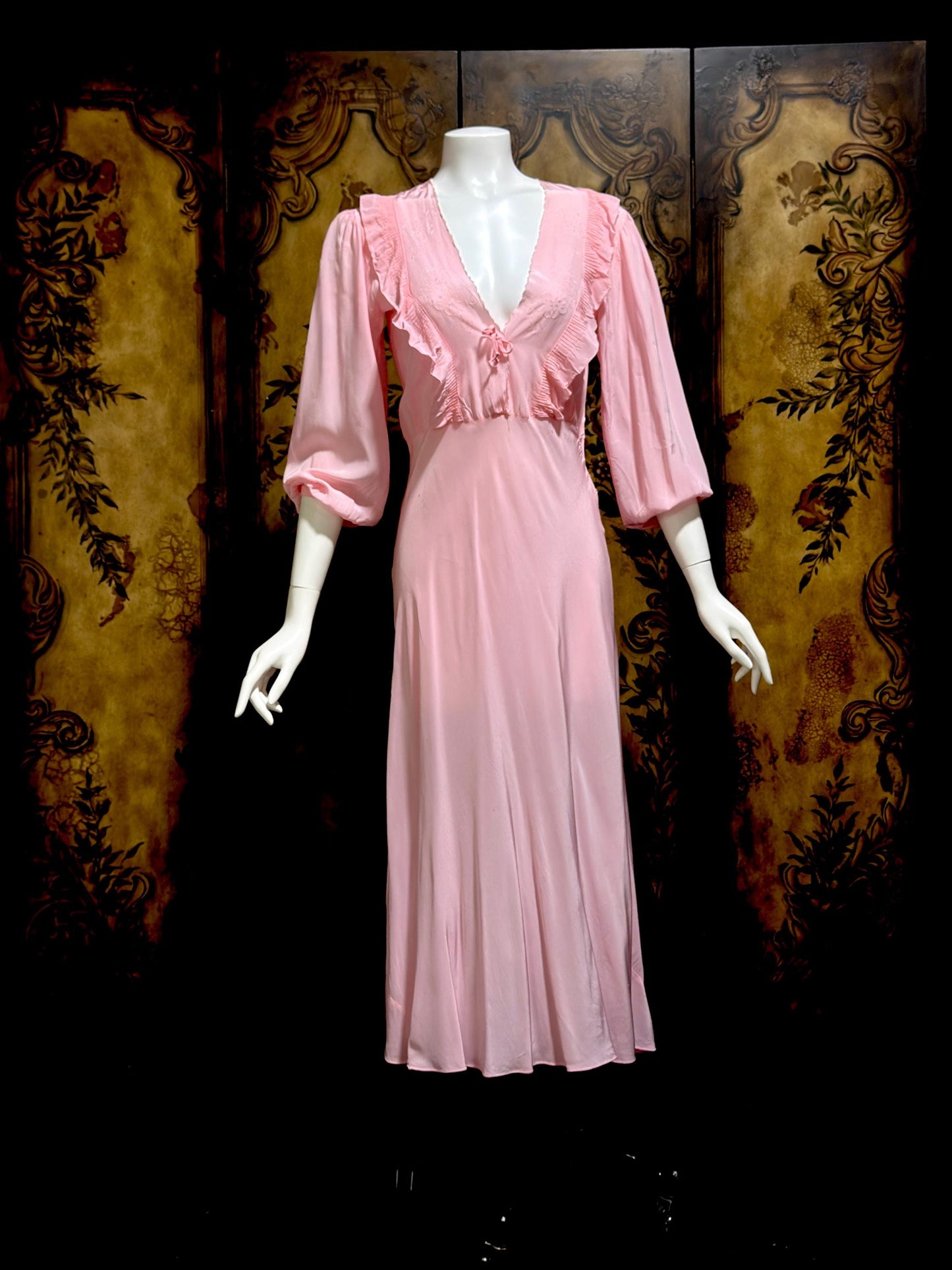 1940s Vintage Nightgown Lingerie Dress, Pink bias cut rayon House dress