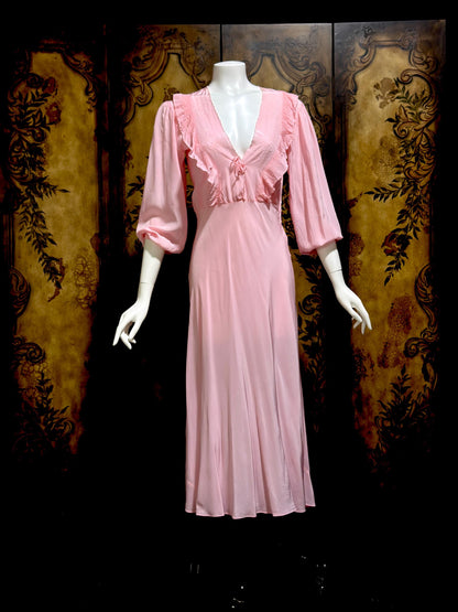 1940s Vintage Nightgown Lingerie Dress, Pink bias cut rayon House dress