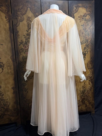 VANITY FAIR vintage Nightgown Robe Peignoir Set, 1960s Sheer peach lace pleats rosettes