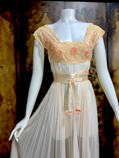 VANITY FAIR vintage Nightgown Robe Peignoir Set, 1960s Sheer peach lace pleats rosettes