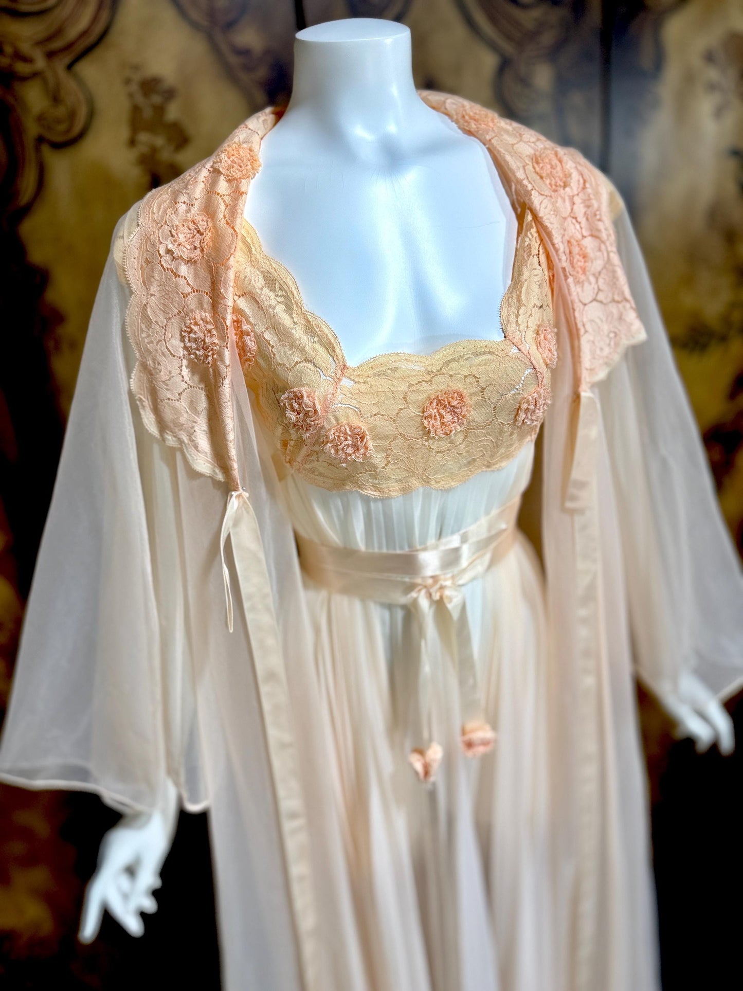 VANITY FAIR vintage Nightgown Robe Peignoir Set, 1960s Sheer peach lace pleats rosettes