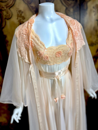VANITY FAIR vintage Nightgown Robe Peignoir Set, 1960s Sheer peach lace pleats rosettes