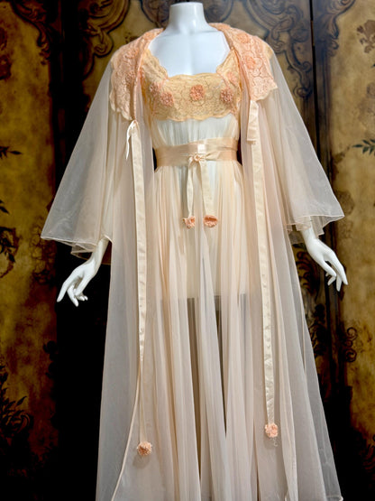 VANITY FAIR vintage Nightgown Robe Peignoir Set, 1960s Sheer peach lace pleats rosettes