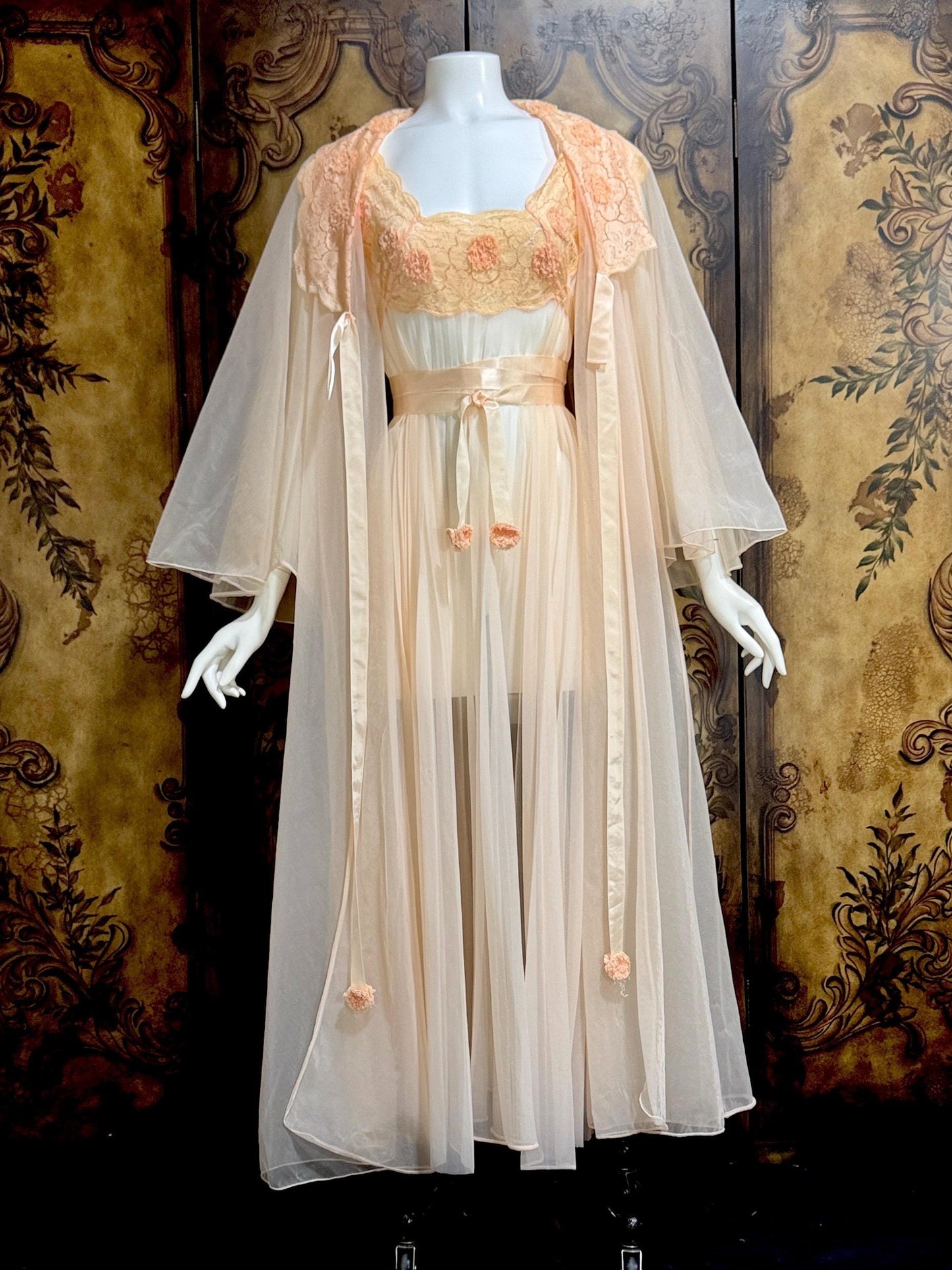 VANITY FAIR vintage Nightgown Robe Peignoir Set, 1960s Sheer peach lace pleats rosettes