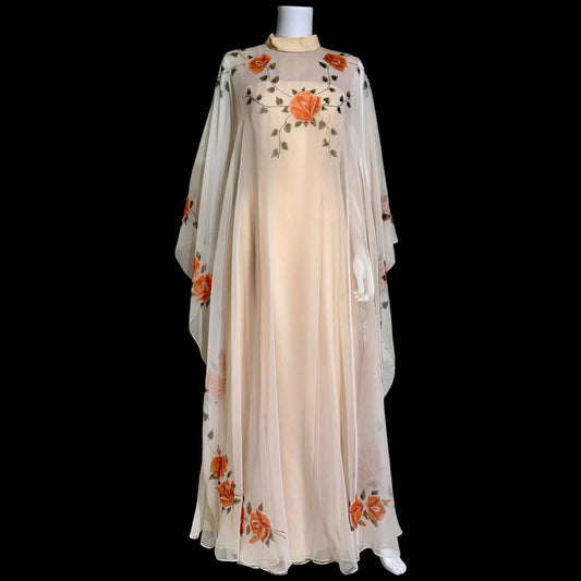 ROSE TAFT vintage evening dress gown, Hand Painted Chiffon floral caftan dress