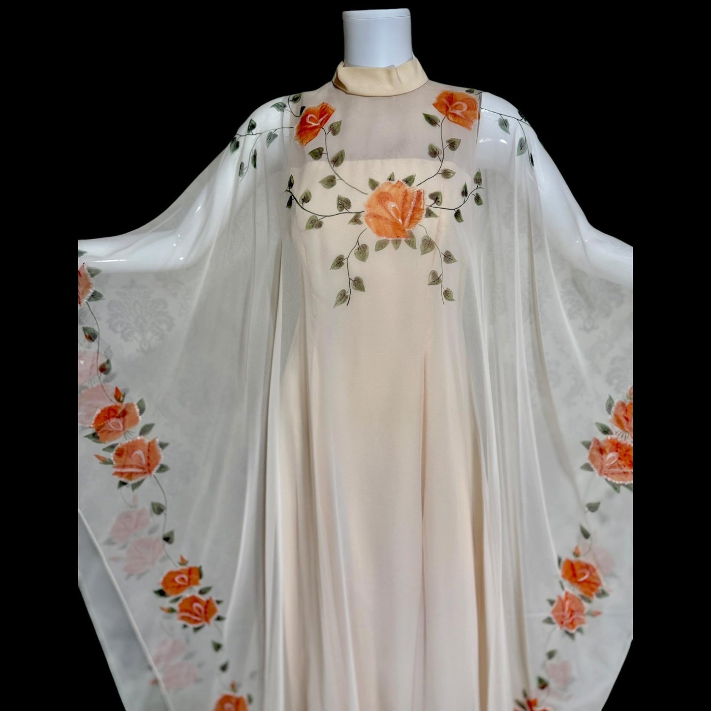 ROSE TAFT vintage evening dress gown, Hand Painted Chiffon floral caftan dress