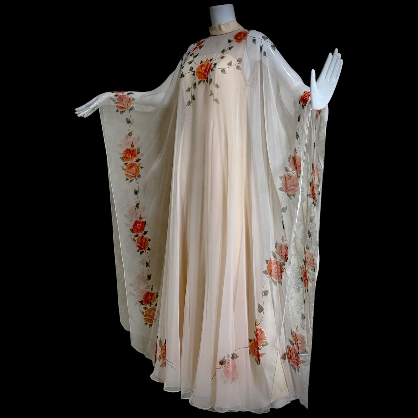 ROSE TAFT vintage evening dress gown, Hand Painted Chiffon floral caftan dress