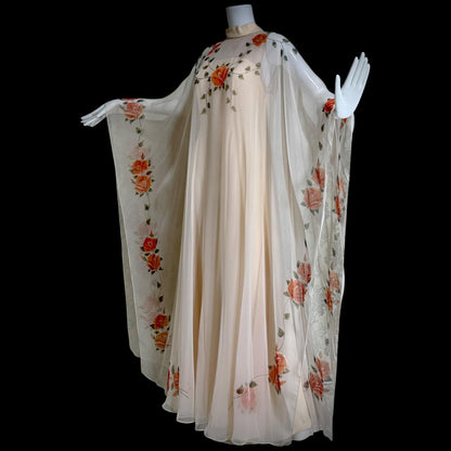 ROSE TAFT vintage evening dress gown, Hand Painted Chiffon floral caftan dress