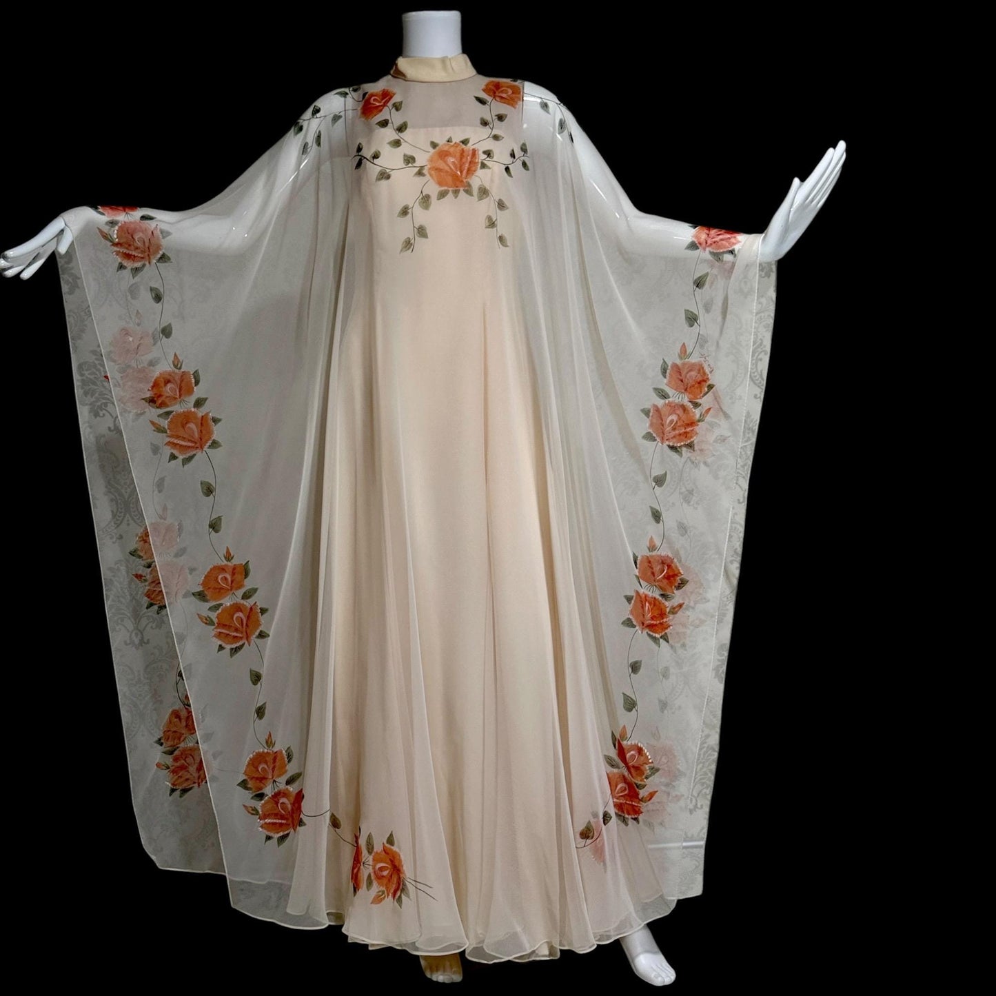 ROSE TAFT vintage evening dress gown, Hand Painted Chiffon floral caftan dress