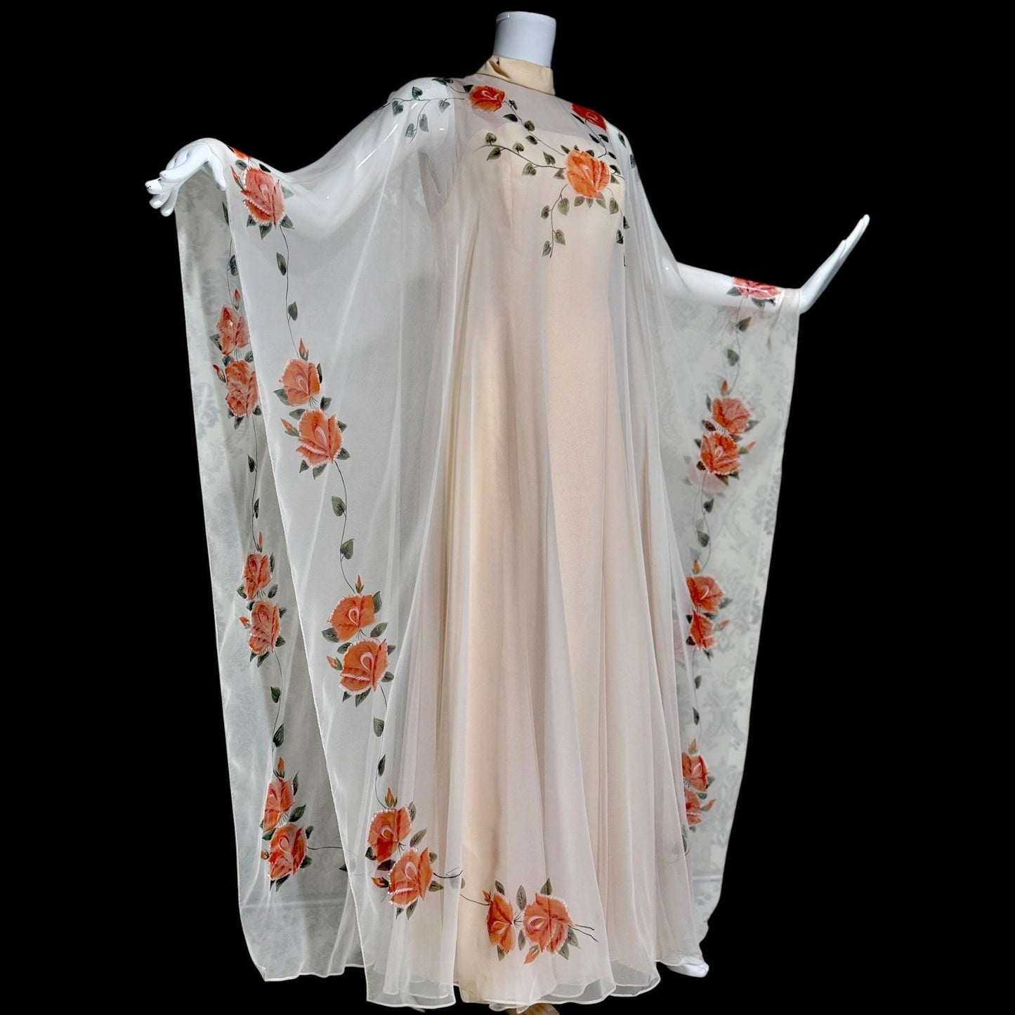 ROSE TAFT vintage evening dress gown, Hand Painted Chiffon floral caftan dress