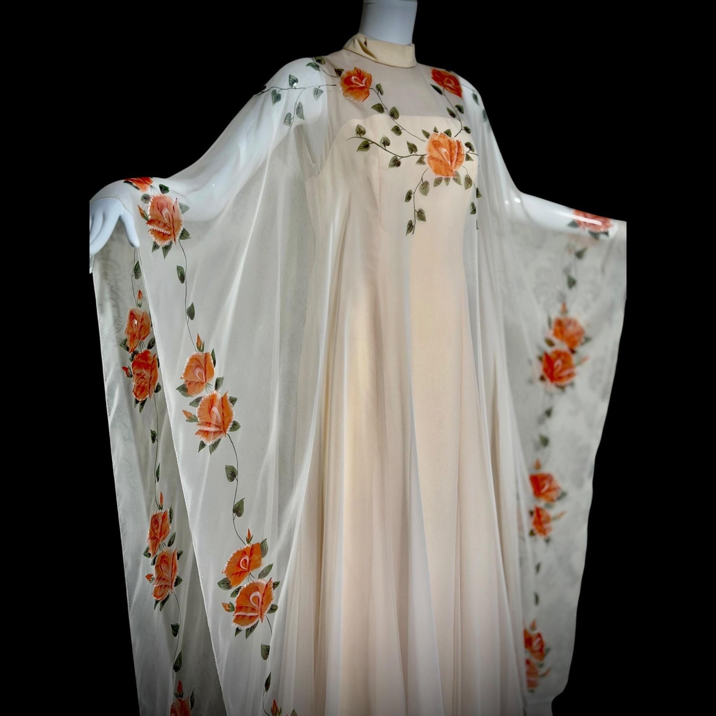 ROSE TAFT vintage evening dress gown, Hand Painted Chiffon floral caftan dress