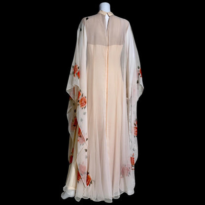 ROSE TAFT vintage evening dress gown, Hand Painted Chiffon floral caftan dress