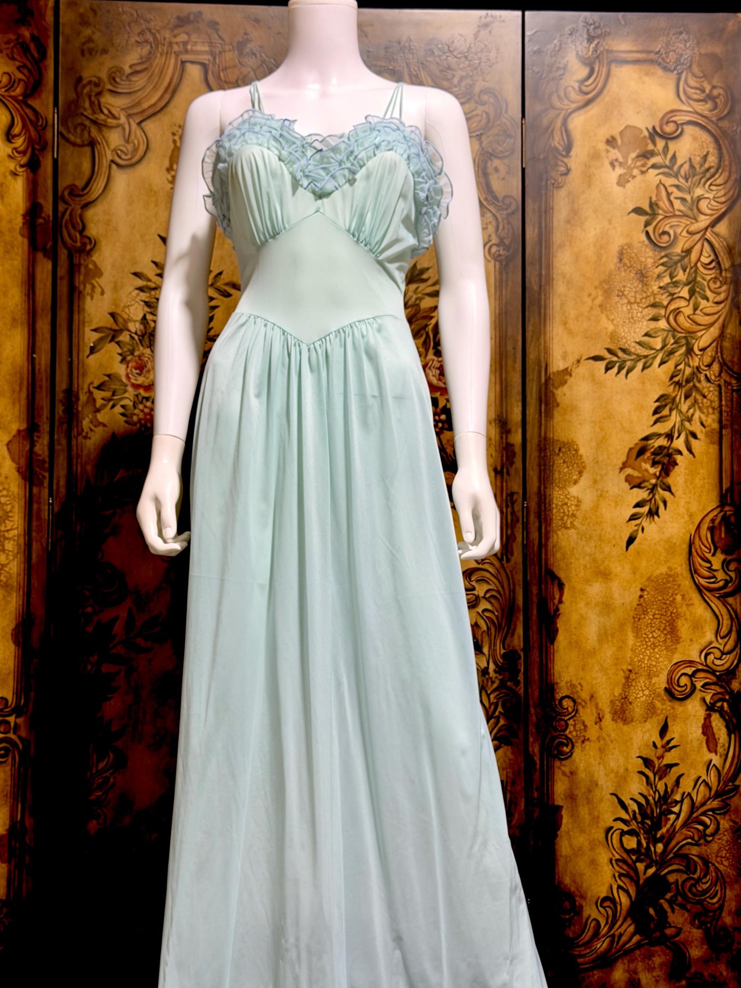VANITY FAIR vintage nightgown slip dress, 1960s Aqua Blue nylon ruffle lingerie gown