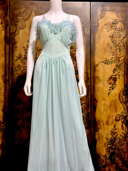VANITY FAIR vintage nightgown slip dress, 1960s Aqua Blue nylon ruffle lingerie gown