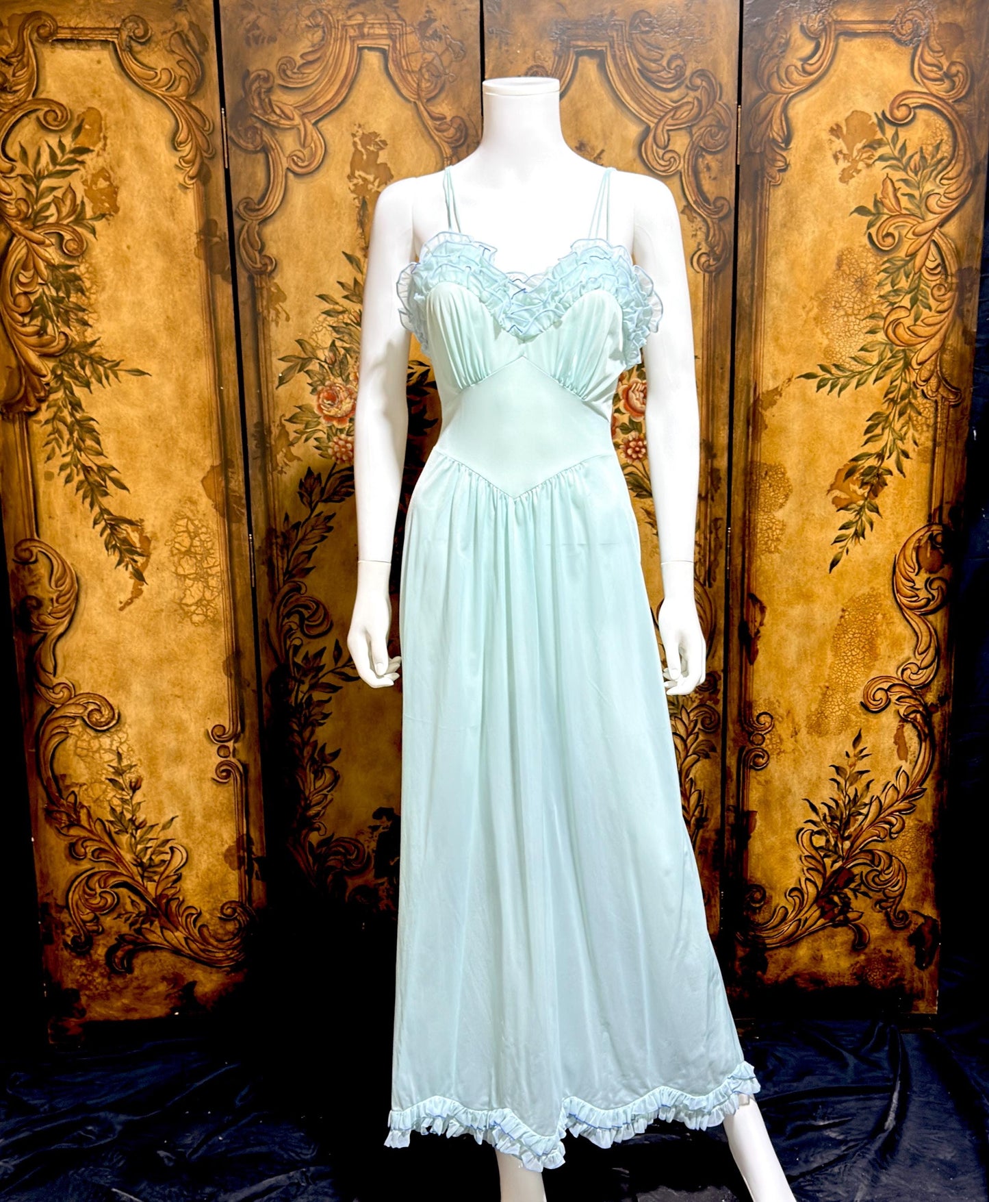 VANITY FAIR vintage nightgown slip dress, 1960s Aqua Blue nylon ruffle lingerie gown