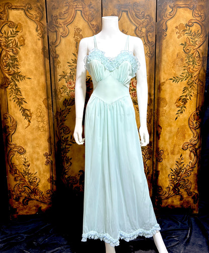 VANITY FAIR vintage nightgown slip dress, 1960s Aqua Blue nylon ruffle lingerie gown