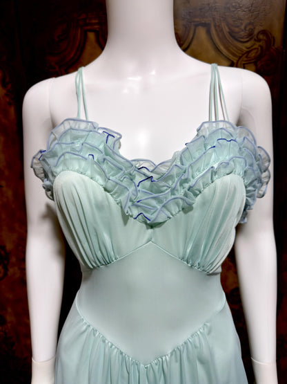 VANITY FAIR vintage nightgown slip dress, 1960s Aqua Blue nylon ruffle lingerie gown