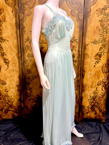 VANITY FAIR vintage nightgown slip dress, 1960s Aqua Blue nylon ruffle lingerie gown
