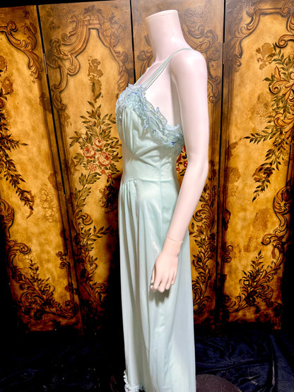 VANITY FAIR vintage nightgown slip dress, 1960s Aqua Blue nylon ruffle lingerie gown