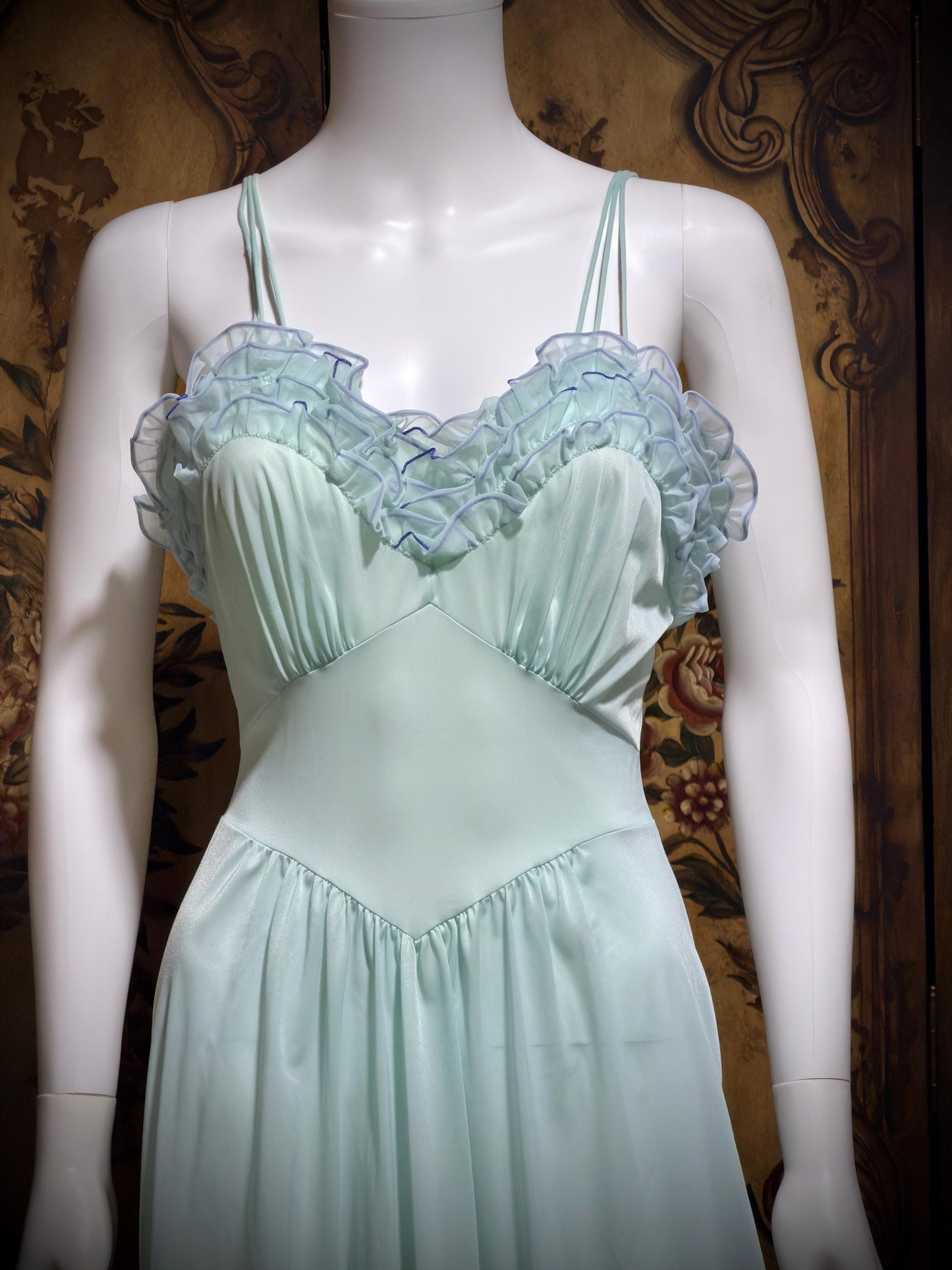 VANITY FAIR vintage nightgown slip dress, 1960s Aqua Blue nylon ruffle lingerie gown