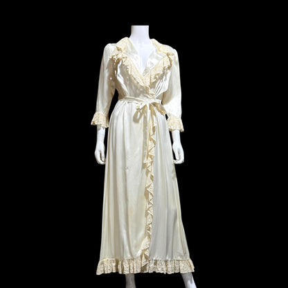 1930s 40s Vintage Dressing Gown Robe, Shiny Liquid Satin Lace Loungewear Robe