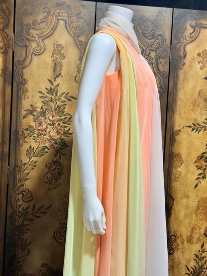 TRAVILLA vintage evening dress gown, 1960s Sorbet Chiffon Cape Dress