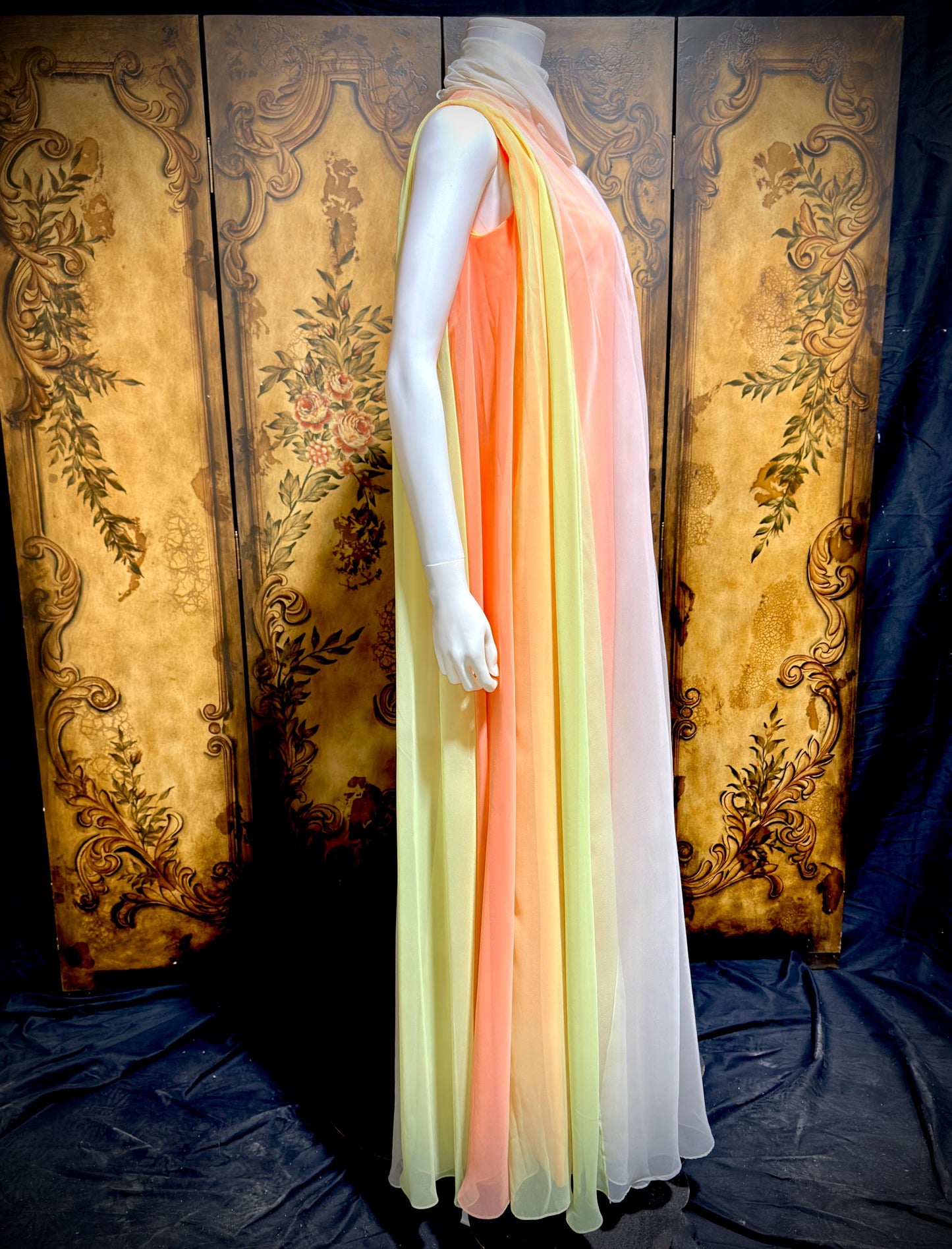 TRAVILLA vintage evening dress gown, 1960s Sorbet Chiffon Cape Dress