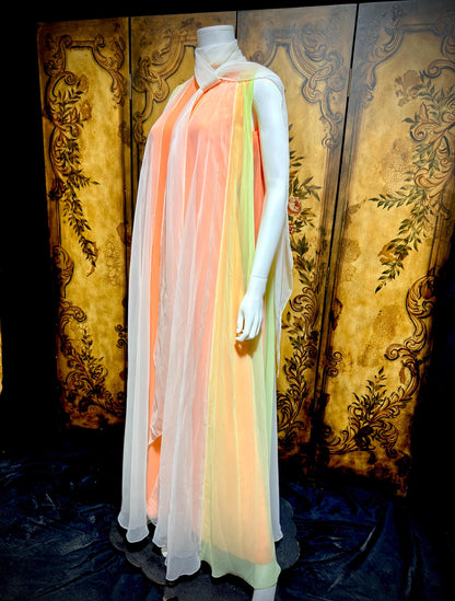 TRAVILLA vintage evening dress gown, 1960s Sorbet Chiffon Cape Dress