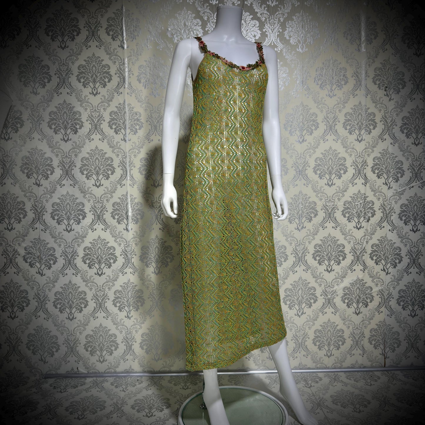 BONNIE STRAUSS Vintage 1990s Crochet Slip Dress, Stretchy Knit Midi Gown