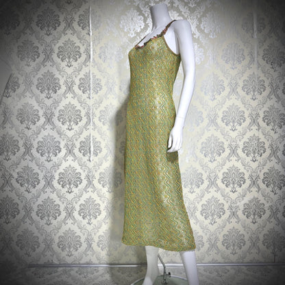 BONNIE STRAUSS Vintage 1990s Crochet Slip Dress, Stretchy Knit Midi Gown