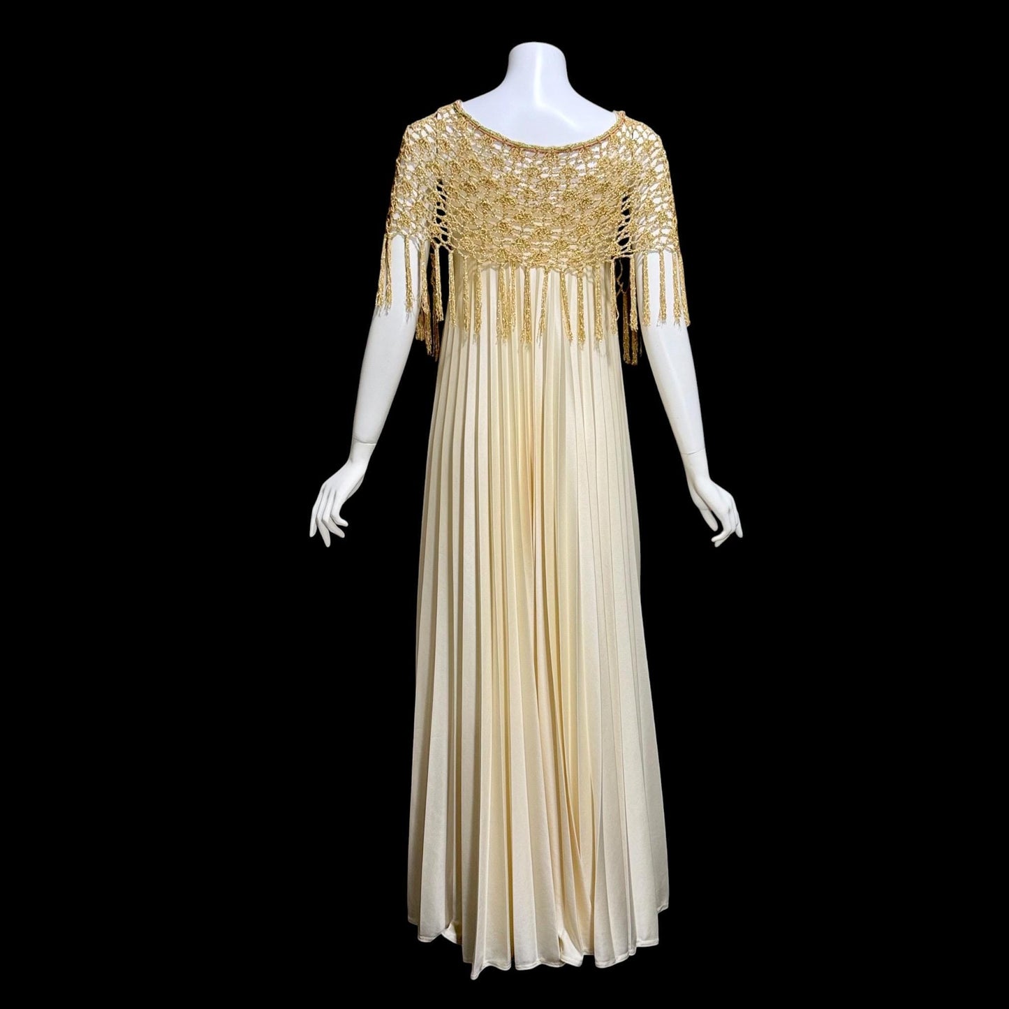 FRANK USHER vintage evening gown dress, 1970s Cream pleat Gold crochet fringe slip dress
