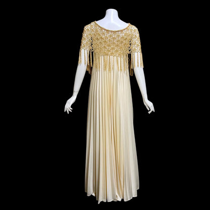 FRANK USHER vintage evening gown dress, 1970s Cream pleat Gold crochet fringe slip dress