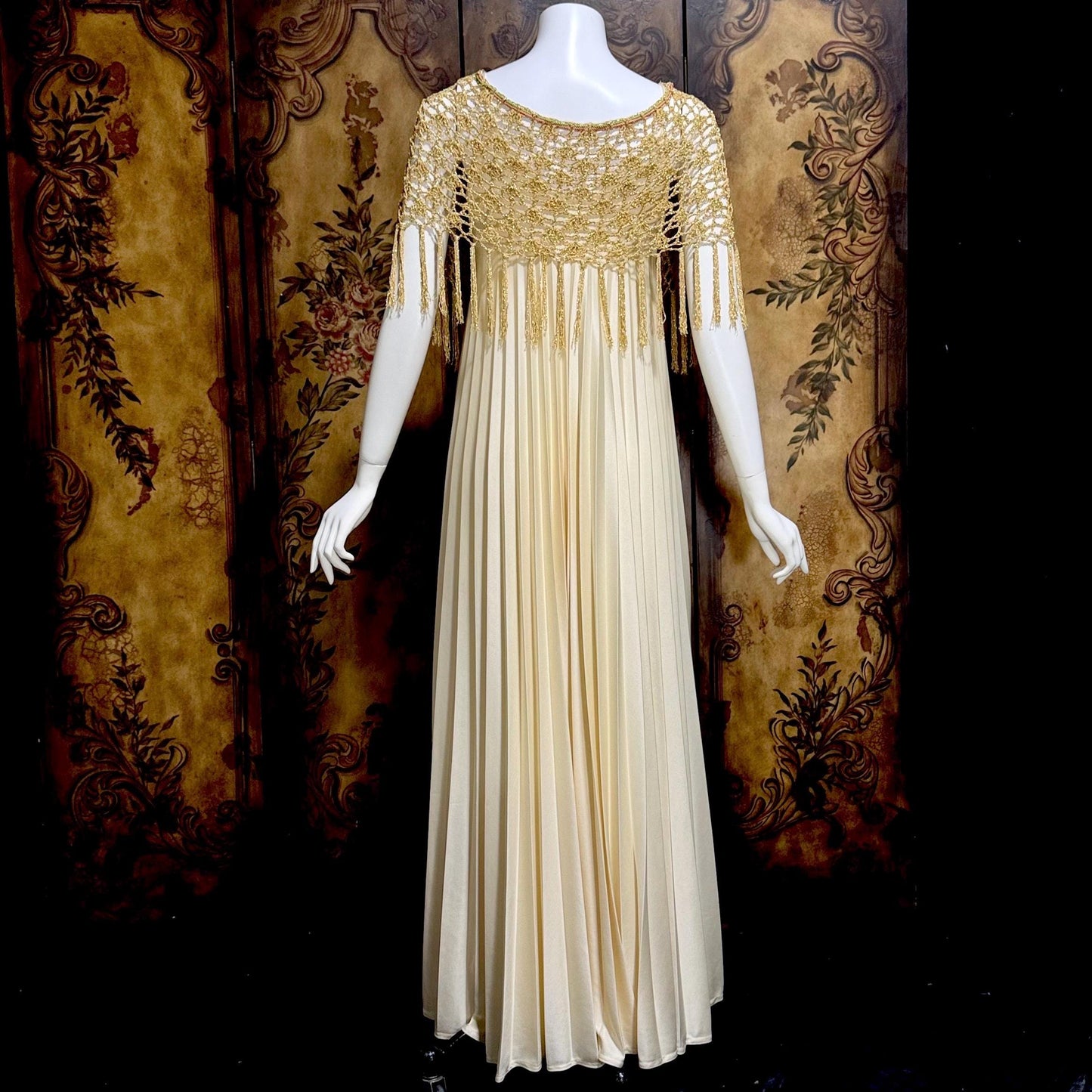 FRANK USHER vintage evening gown dress, 1970s Cream pleat Gold crochet fringe slip dress