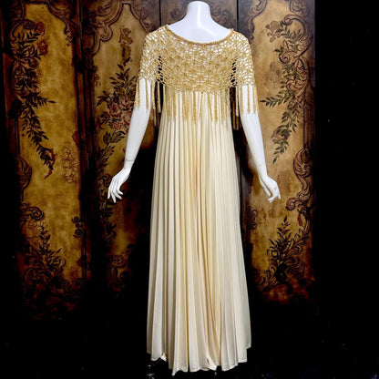 FRANK USHER vintage evening gown dress, 1970s Cream pleat Gold crochet fringe slip dress