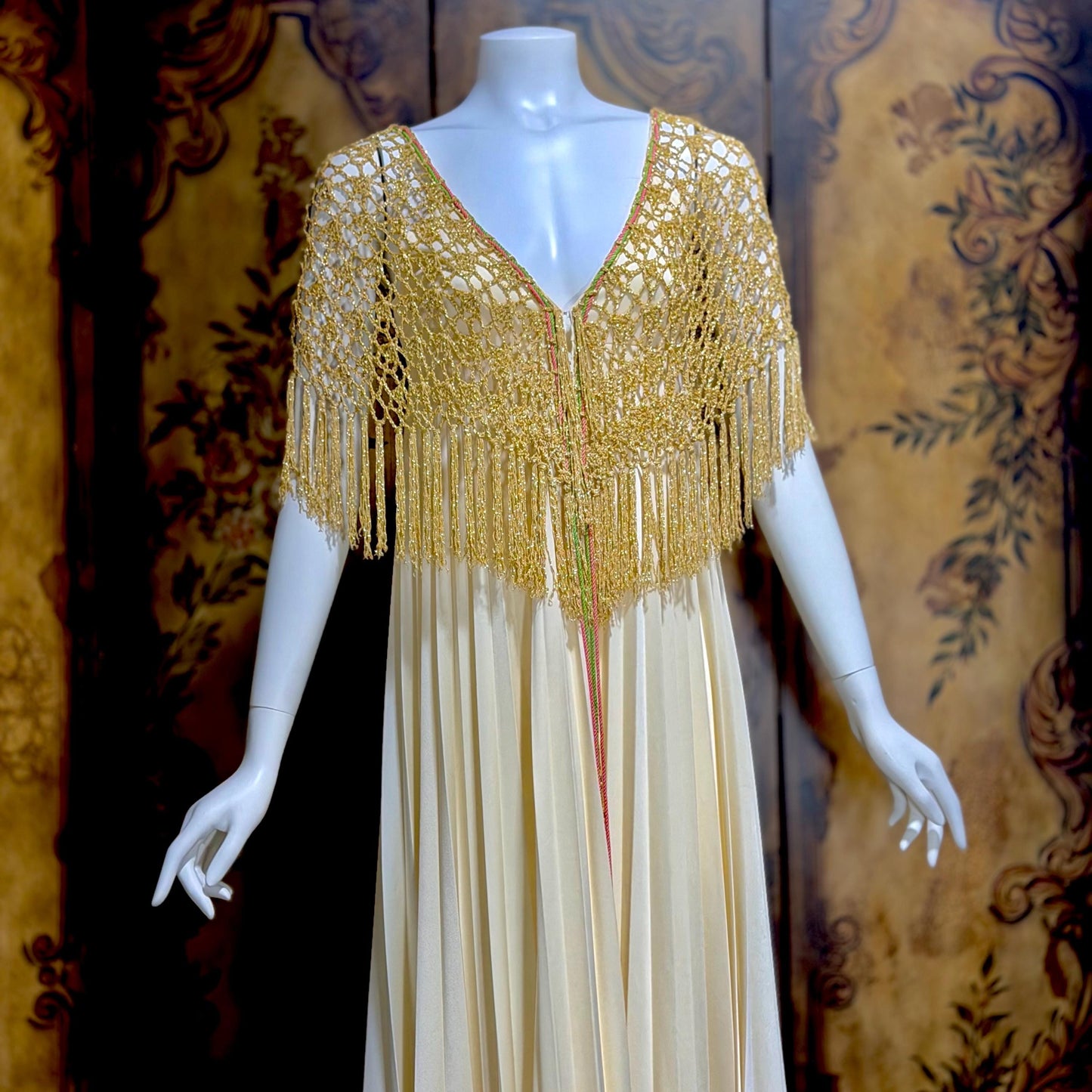 FRANK USHER vintage evening gown dress, 1970s Cream pleat Gold crochet fringe slip dress
