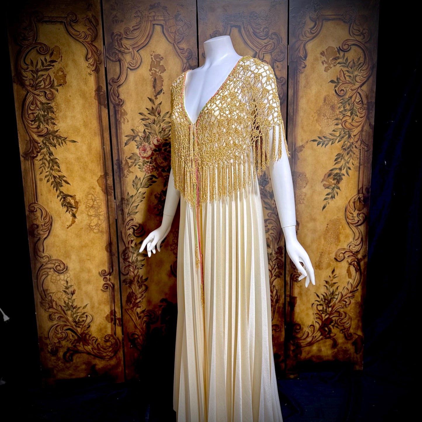 FRANK USHER vintage evening gown dress, 1970s Cream pleat Gold crochet fringe slip dress
