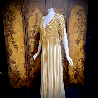 FRANK USHER vintage evening gown dress, 1970s Cream pleat Gold crochet fringe slip dress