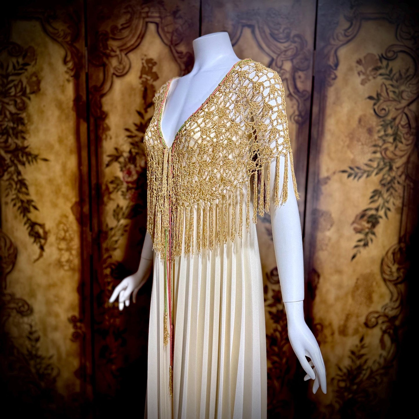 FRANK USHER vintage evening gown dress, 1970s Cream pleat Gold crochet fringe slip dress